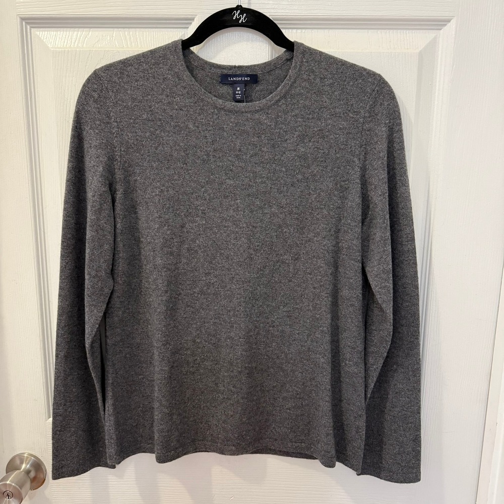 Lands End Womens M Gray 100% Cashmere Crewneck Long Sleeve Sweater Classic FLAW